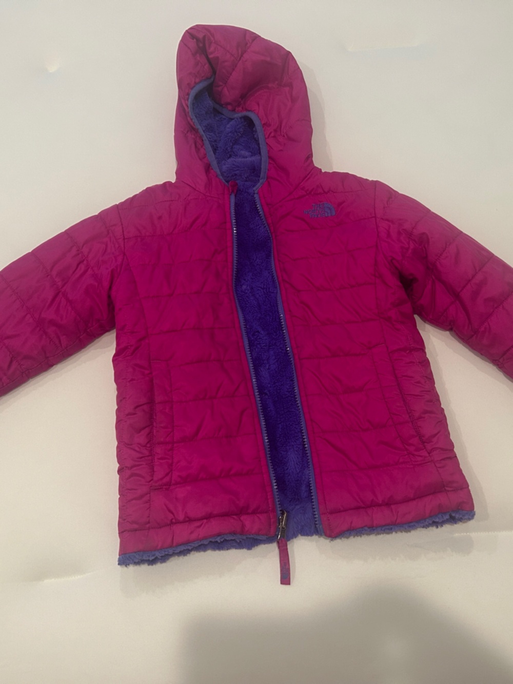 The North Face Girls' Magenta and Purple Hooded Reversible Puffer